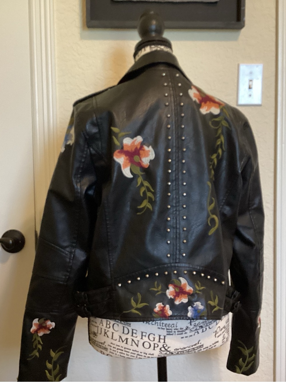 Black Floral Studded Faux Leather Jacket - Women's - Picture 3 of 3